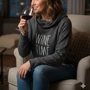 Rae Dunn Cropped Relaxed Lightweight Hoodie Sweatshirt "WINE TIME" S NWT